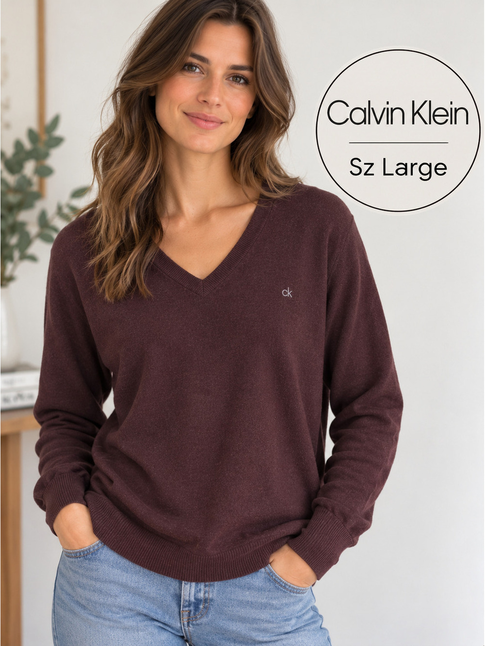 Calvin Klein | L | Italian Merino V-Neck Sweater